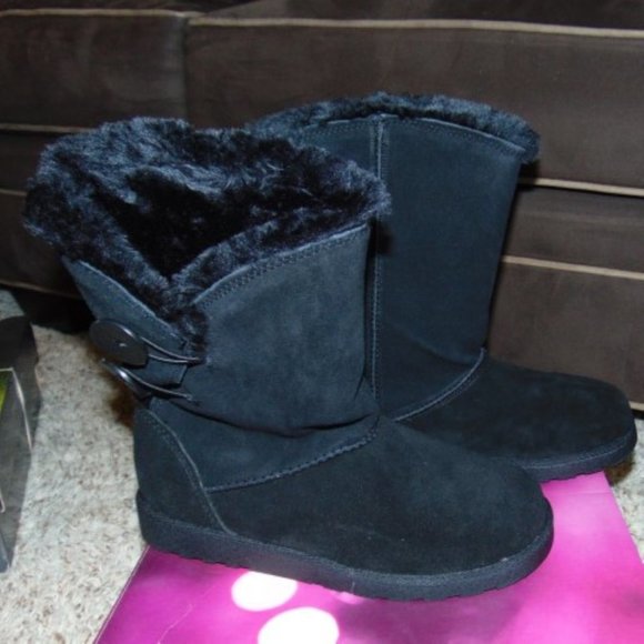 Womens Winter Boots SO Black 7 Mid Calf Pull On Plush Suede Button Fx Fur Trim - Picture 6 of 11